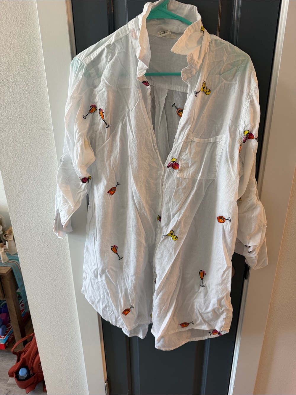 Violet Kay White Top with embroidered drinks.
